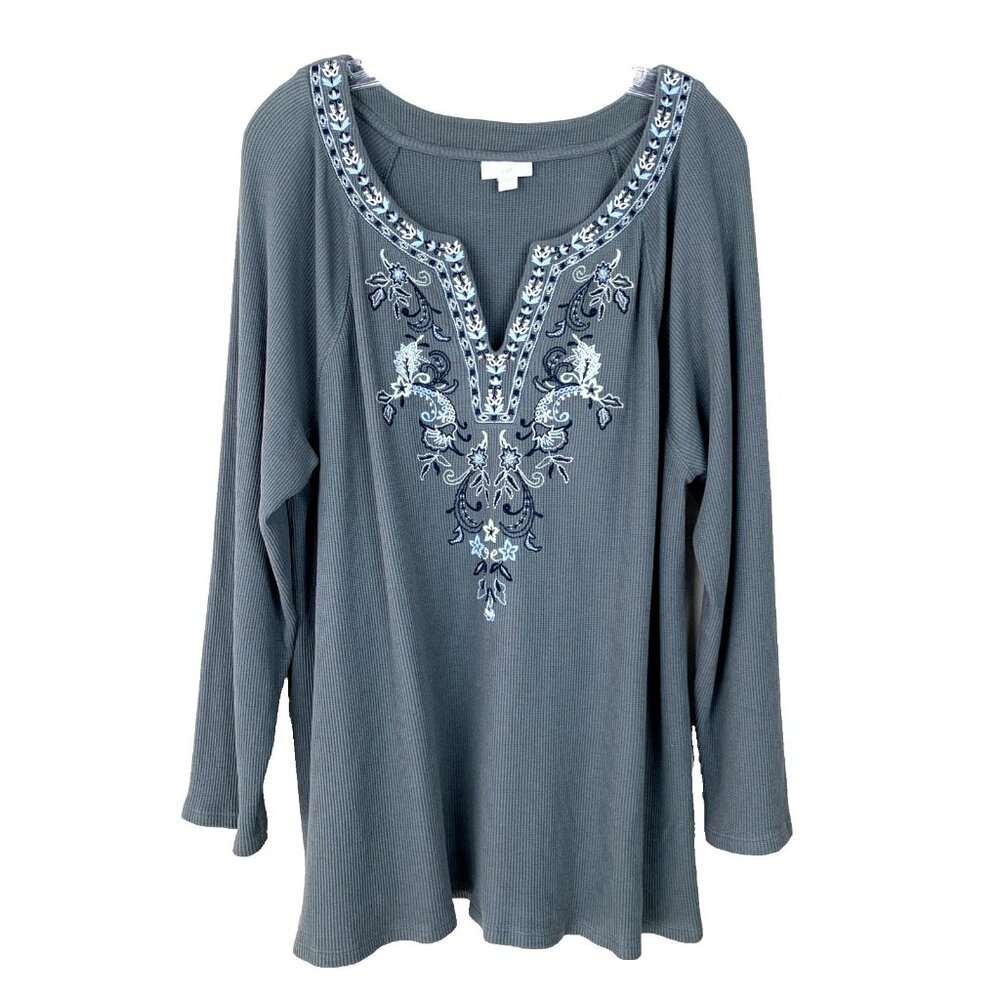 J Jill Womens XL Tunic Top Waffle Knit Long Sleeve Embroidered Boho Lagenlook